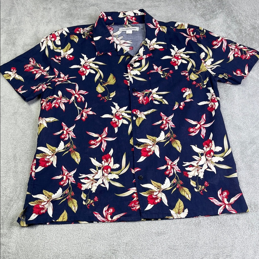 NEW Outerknown M‎ Men's 100% Organic Cotton Floral Navy Casual Button Down Shirt